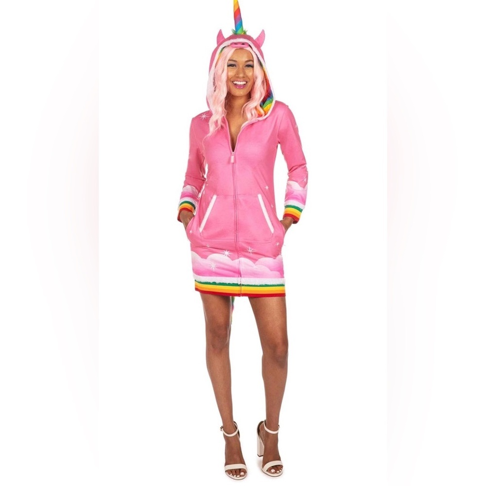 Tipsy Elves Pink Unicorn Hoodie Dress with Rainbow Trim